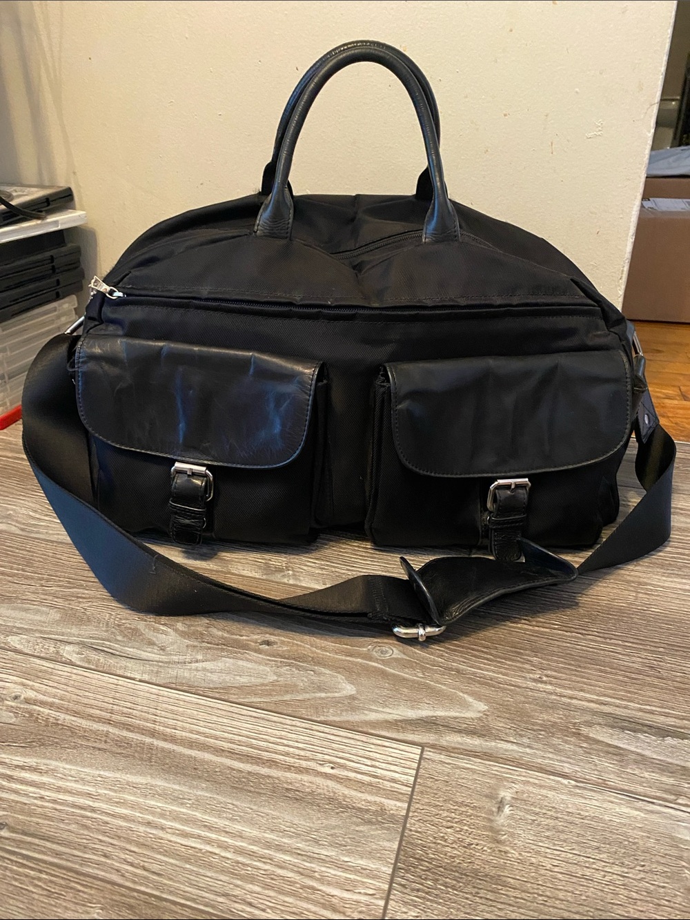 RUDSAK Black Leather & Canvas weekender travel Bag unisex